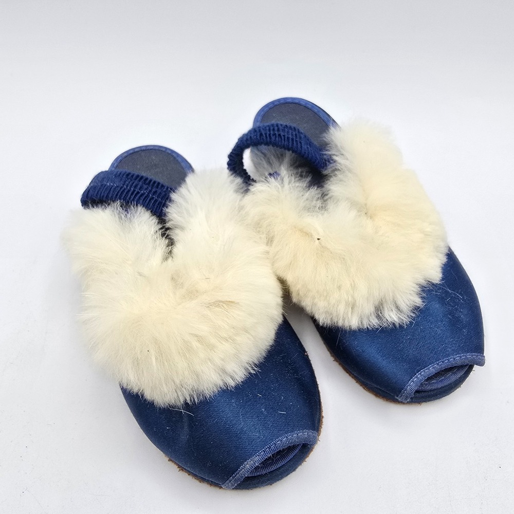 Vtg Antique Children Girls Shoes‎ Blue Satin Fur Classy Formal Sandals